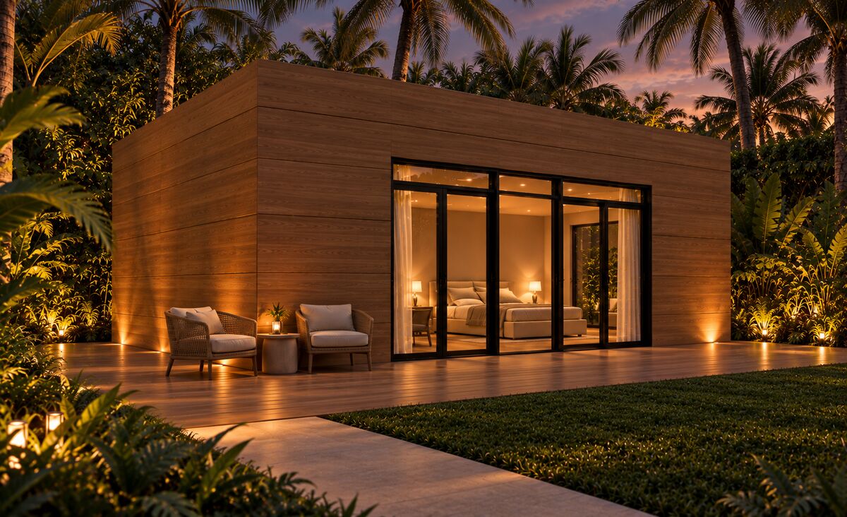 ADA Commercial Cabana with wood cladding at dusk