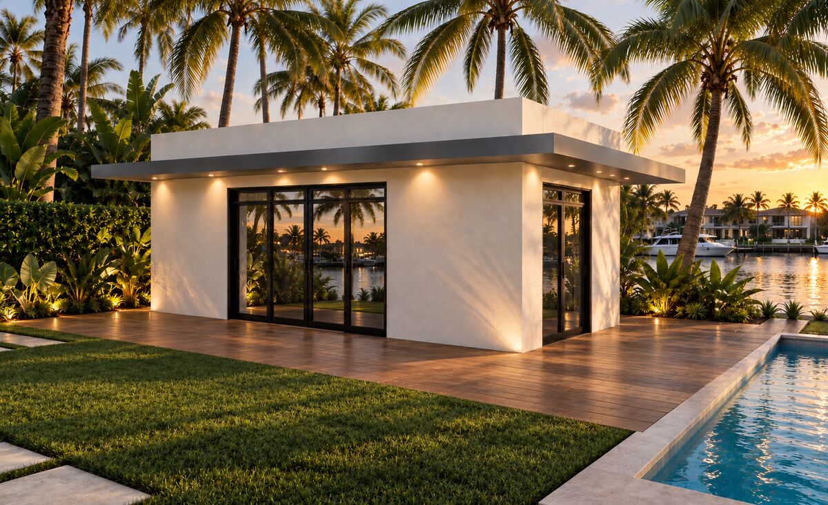 Câbana Tropical in stucco with a wood deck and pool