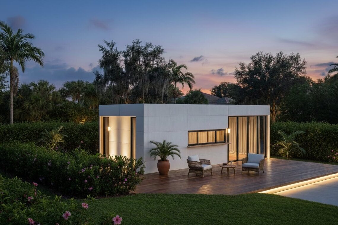 Casita ADU in a Miami garden at dusk
