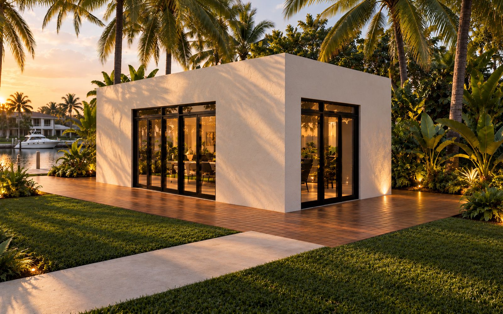 ADA Commercial Cabana in white stucco, with a yacht on the water behind