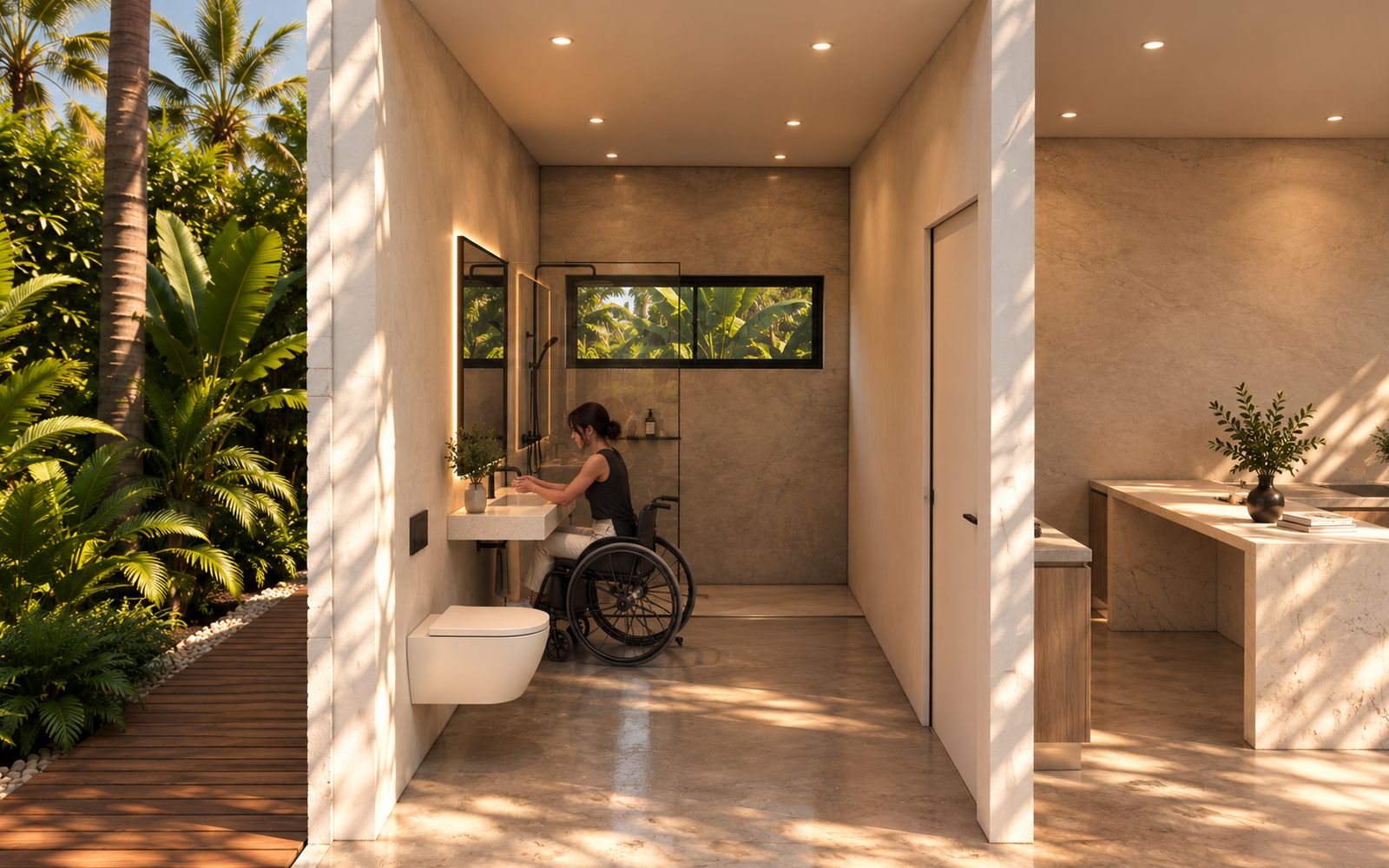 Wheelchair user at the sink in the accessible bathroom of the ADA Commercial Cabana
