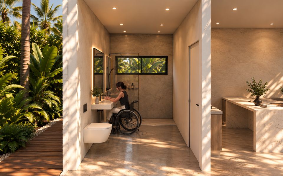 Wheelchair user at the sink in the accessible bathroom of the ADA Commercial Cabana