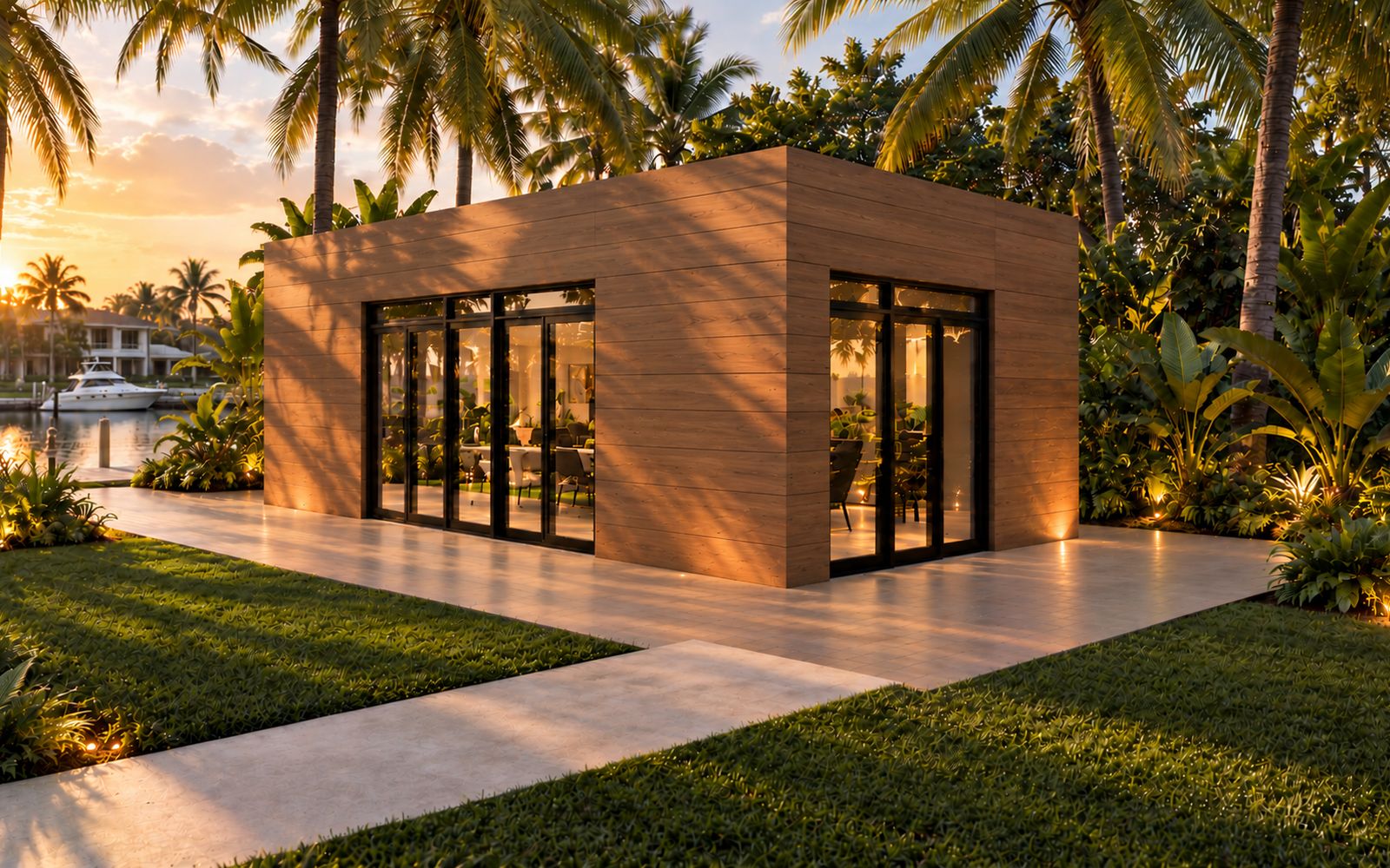 ADA Commercial Cabana clad in wood at sunset on the water