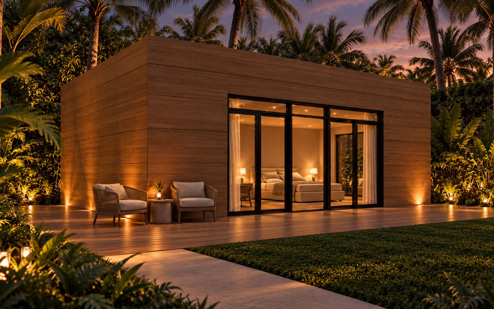 ADA Commercial Cabana clad in wood, lit at sunset