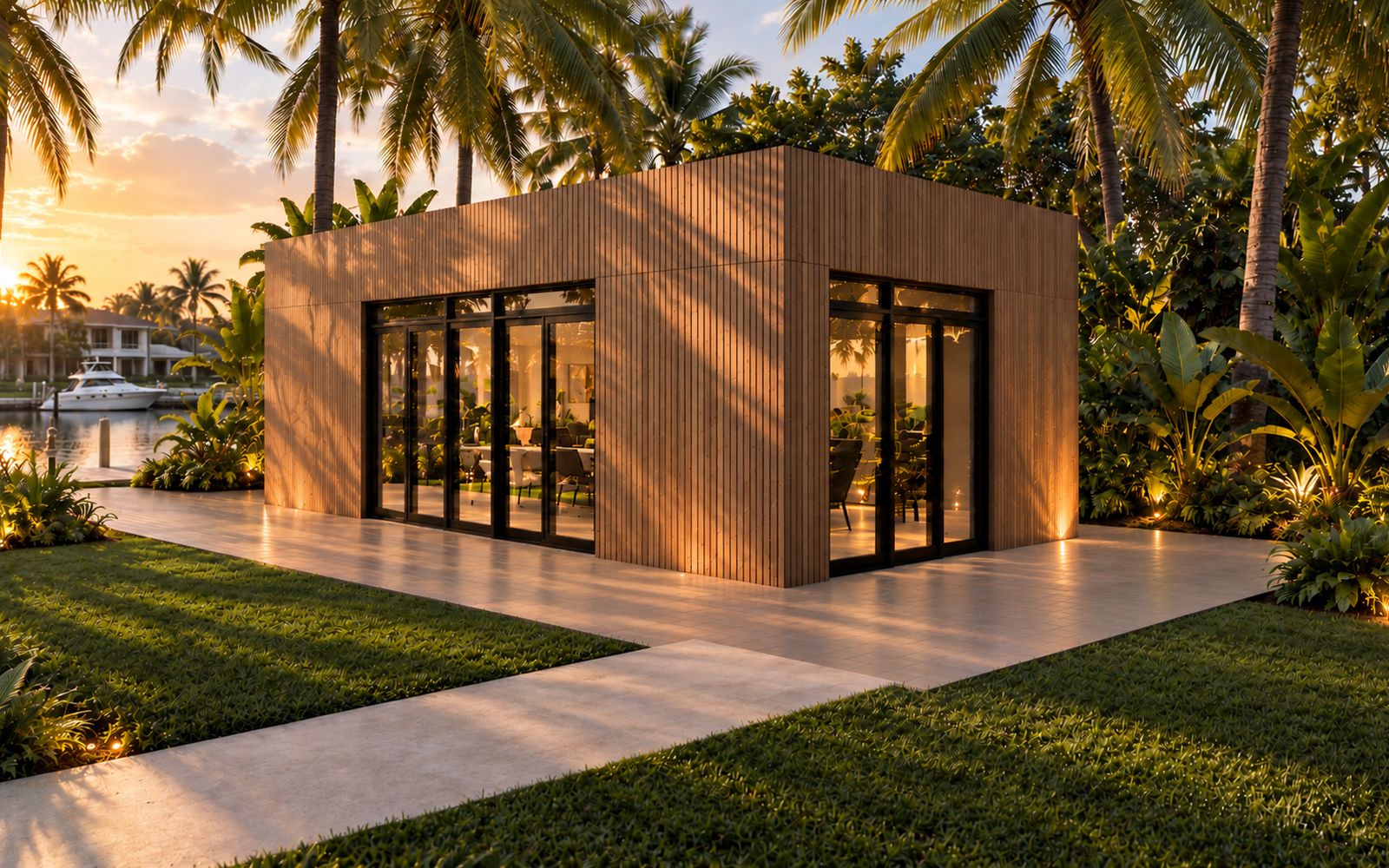 ADA Commercial Cabana clad in wood, with a yacht on the water behind