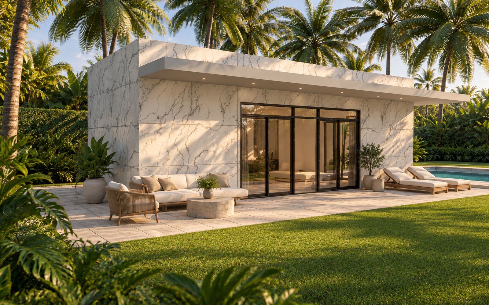 Câbana Tropical in marble with a lounge terrace by the pool