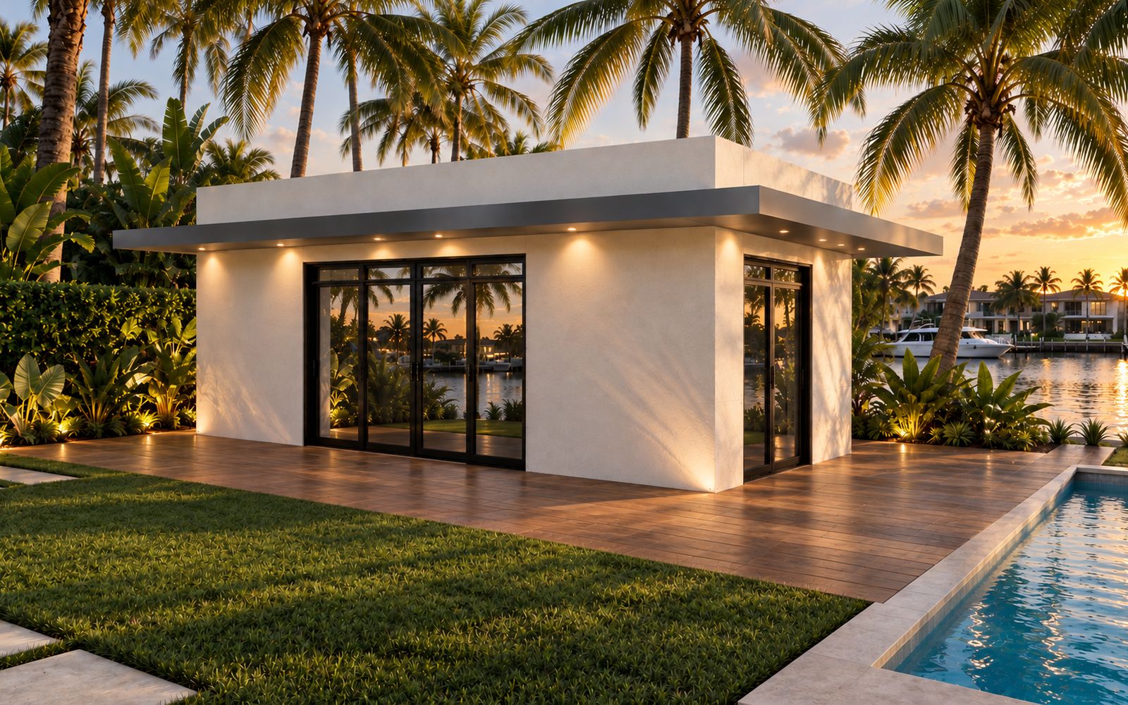 Câbana Tropical in white stucco with a wood deck and pool, facing the bay at sunset