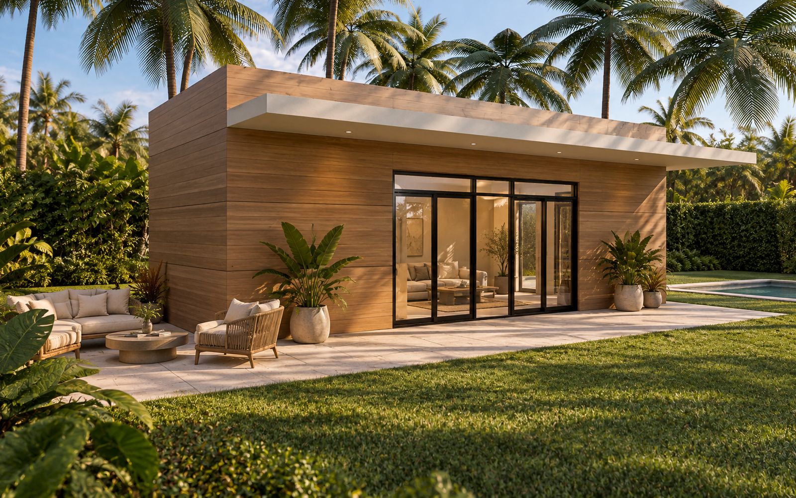 Câbana Tropical clad in wood, with a lounge deck under the palms