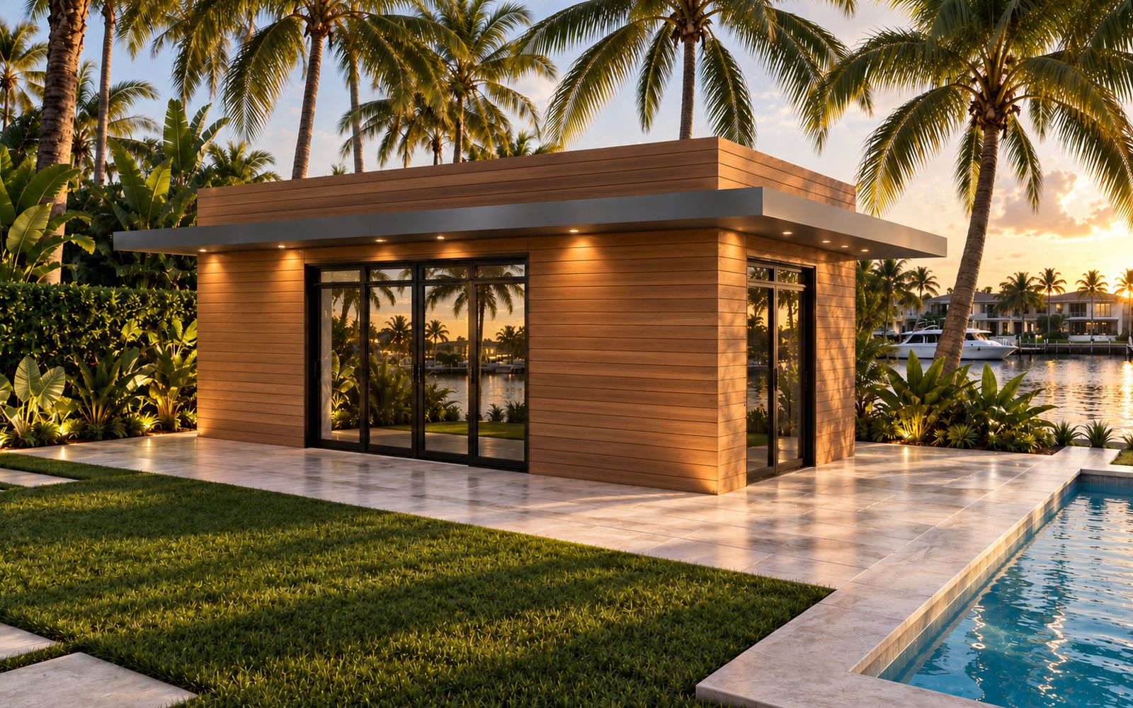 Câbana Tropical clad in wood beside a pool at dusk