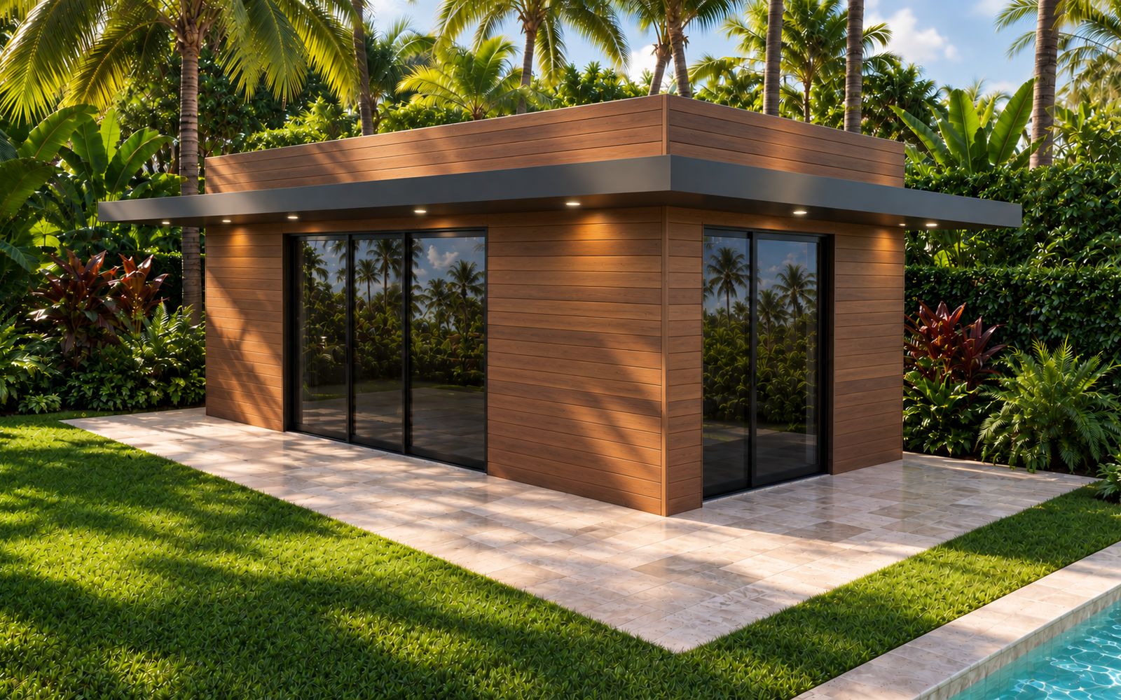 Câbana Tropical clad in wood beside a pool