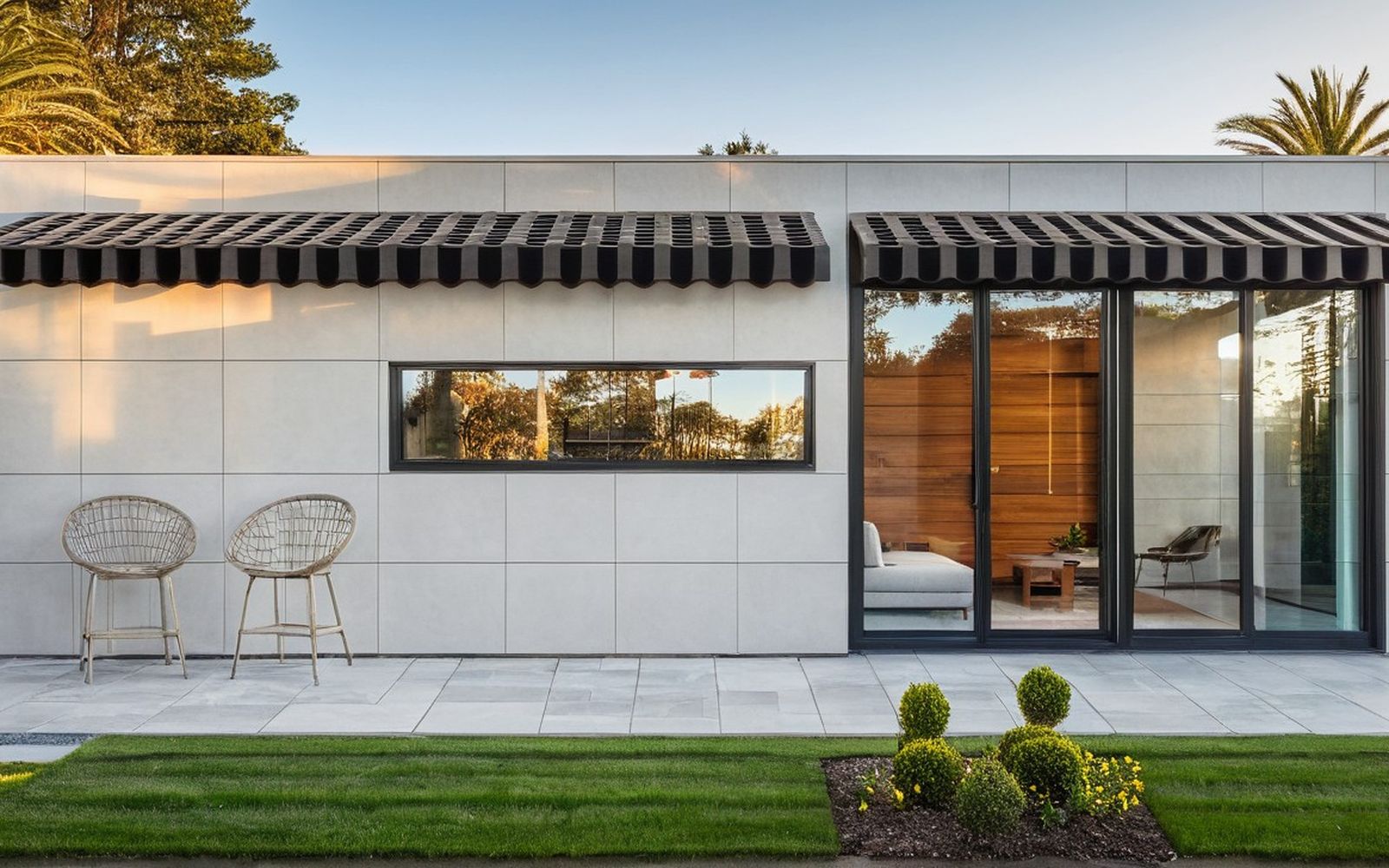 Casita ADU in concrete cladding with striped awnings