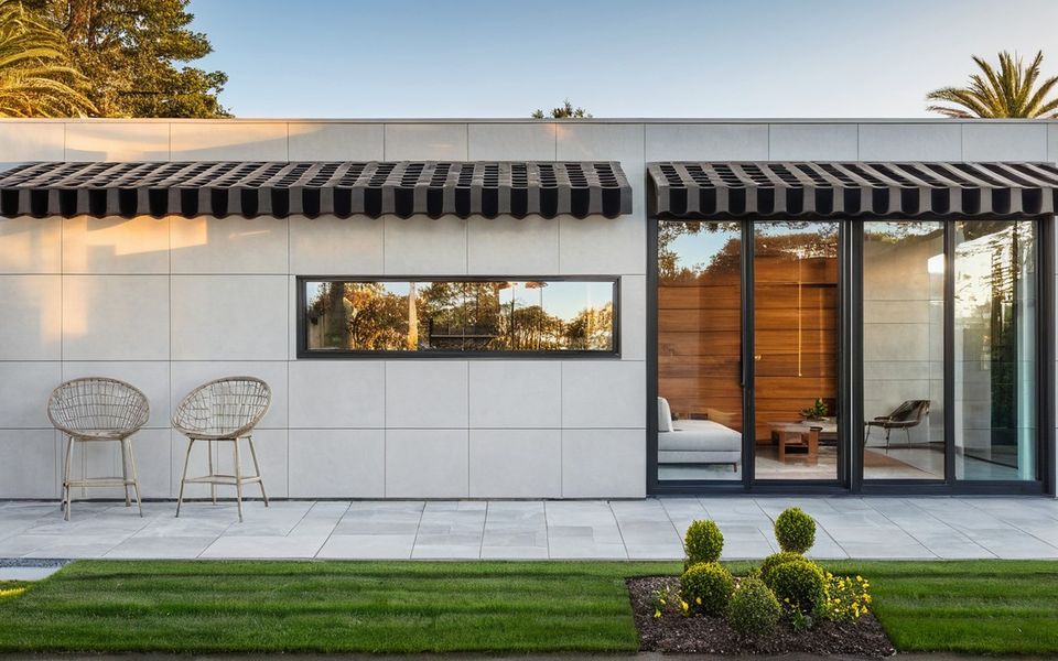 Casita ADU in concrete cladding with striped awnings