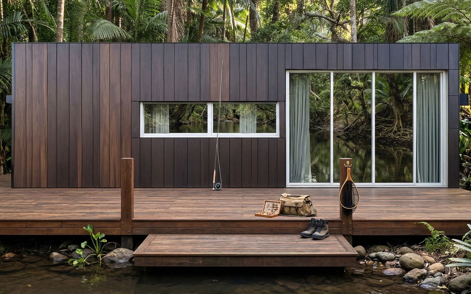 Casita ADU in dark wood cladding on a garden deck