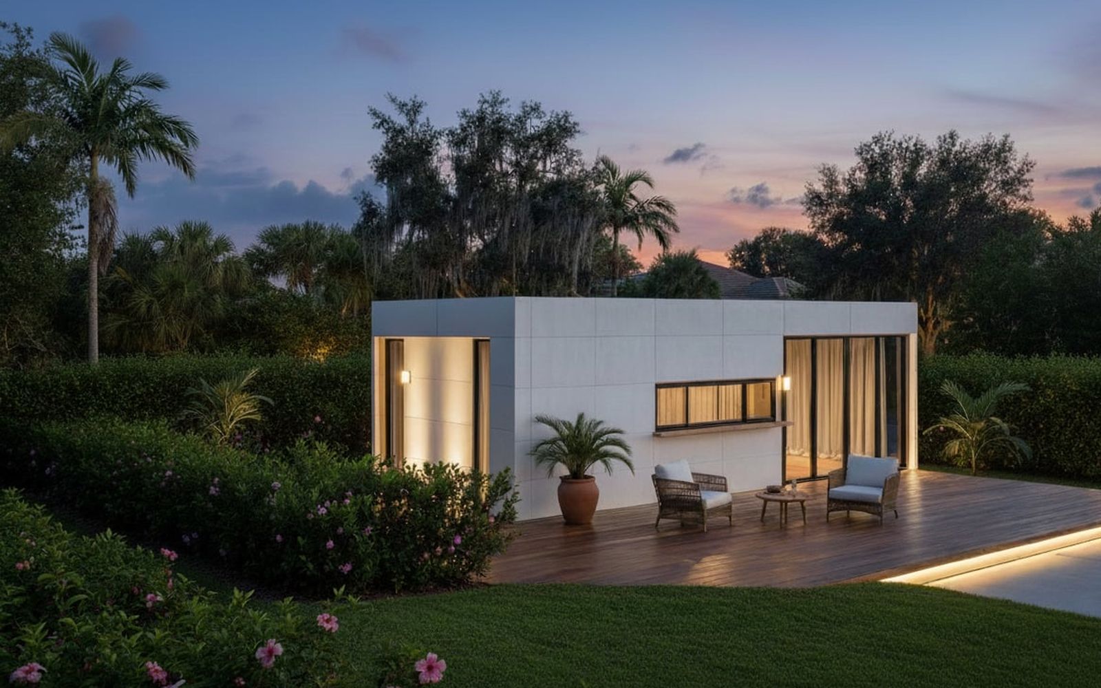 Casita ADU on a garden deck at dusk