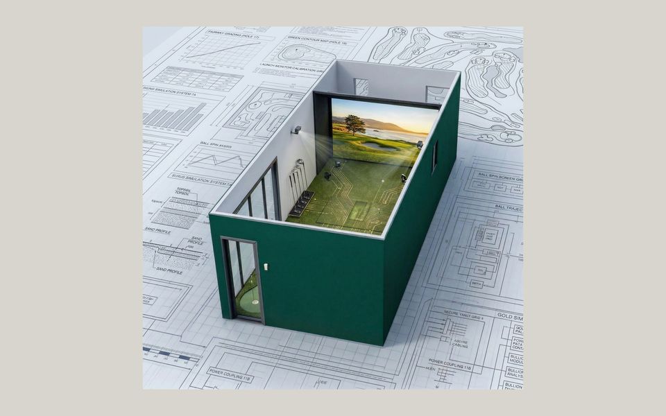 Cutaway of a Casita ADU fitted out as a golf simulator