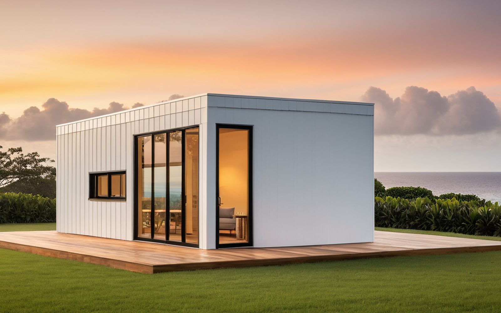 Casita ADU on a lawn facing the ocean