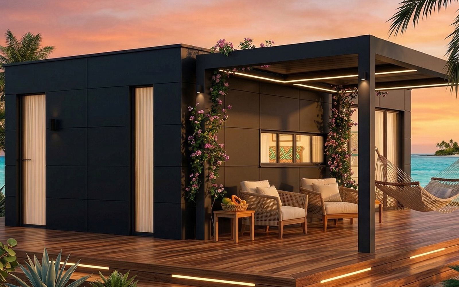 Casita ADU in black cladding with a pergola deck facing the ocean at sunset