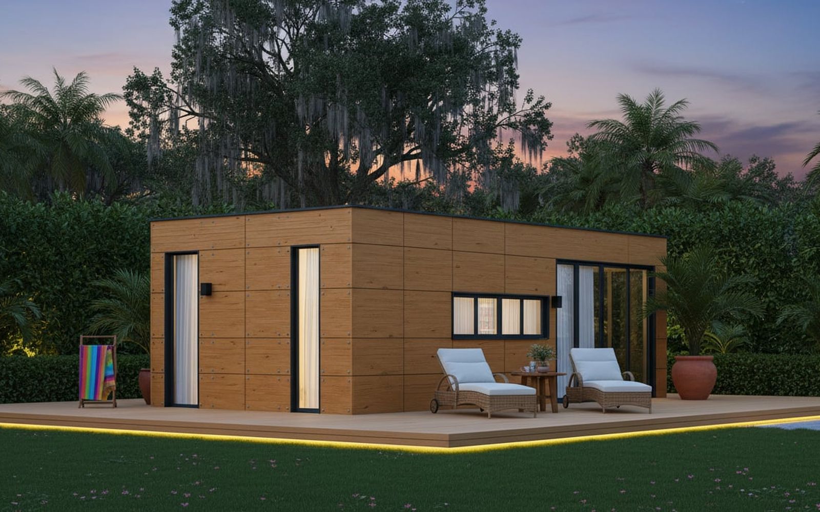 Casita ADU in wood cladding at dusk