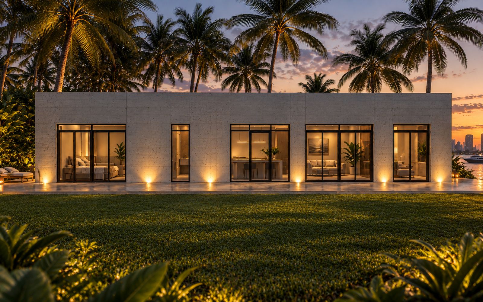 Single Family home in concrete, lit at dusk across the bay from the city