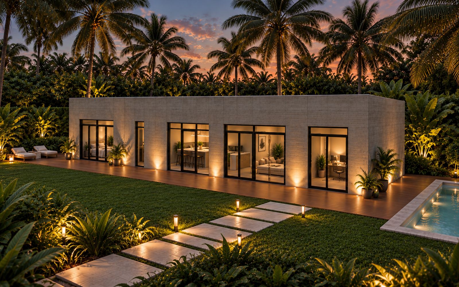Single Family home in concrete with a lit garden path