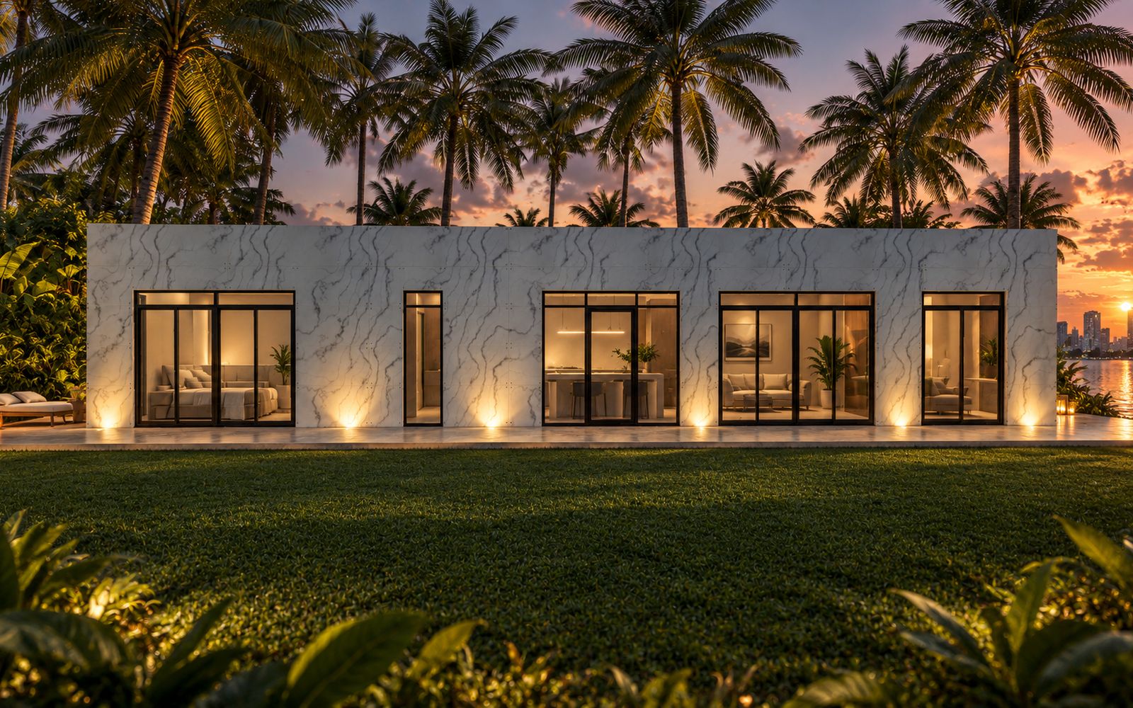 Single Family home in marble, lit at dusk across the bay from the city