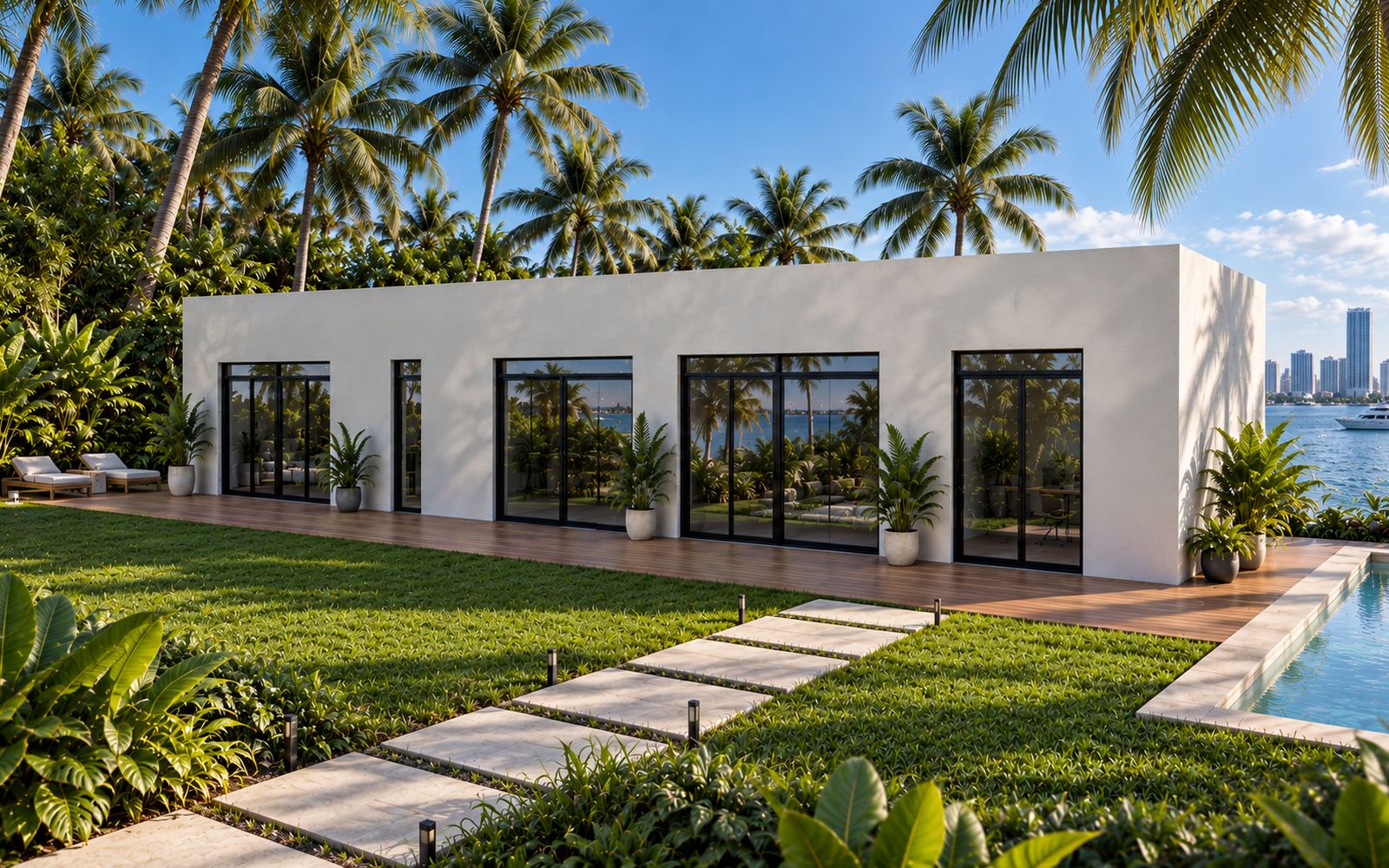 Single Family home in stucco with a pool, on the bay