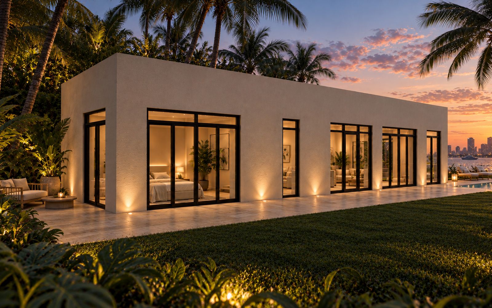 Single Family home in stucco at sunset