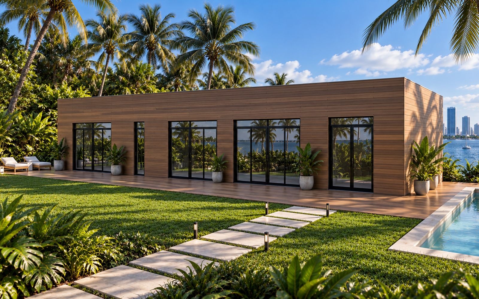 Single Family home clad in wood, with a pool, on the bay
