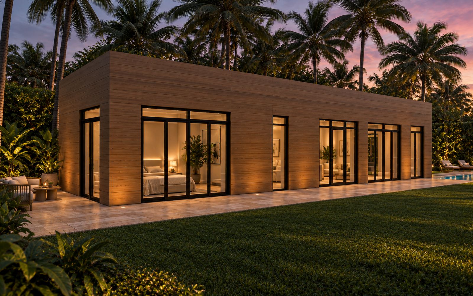 Single Family home clad in wood, lit at dusk