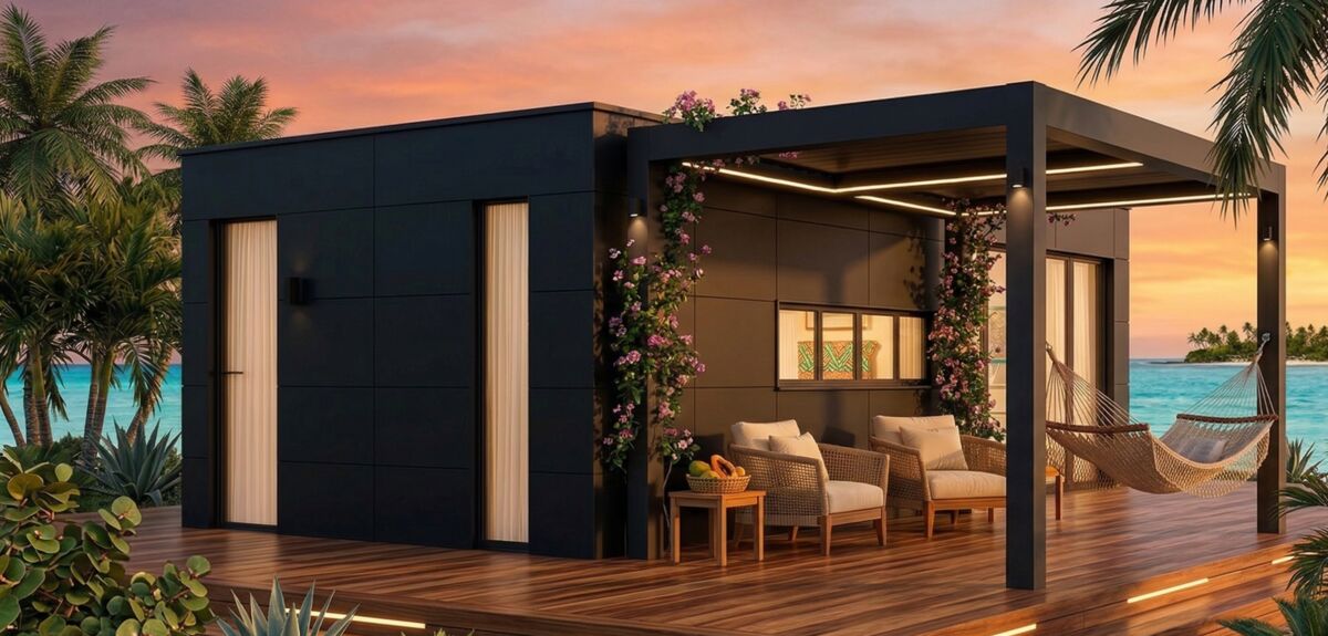 Black cladding with a pergola