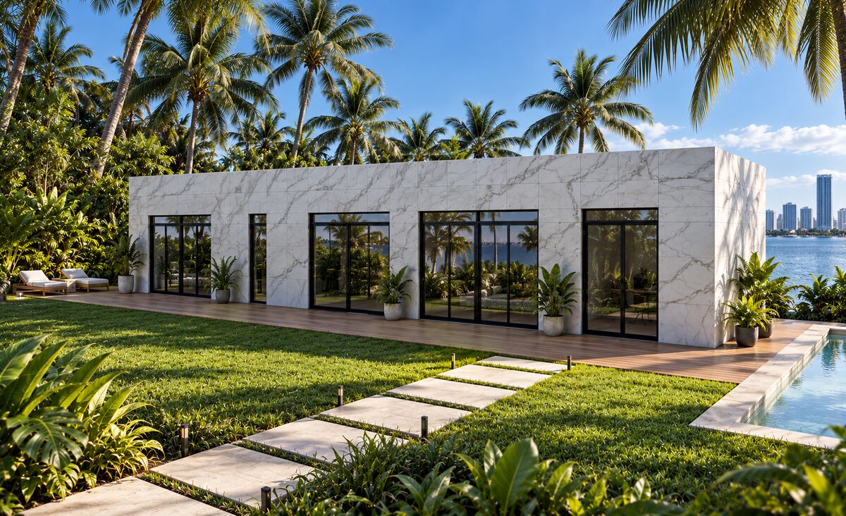 Kamona single-family home in white marble cladding with the Miami skyline
